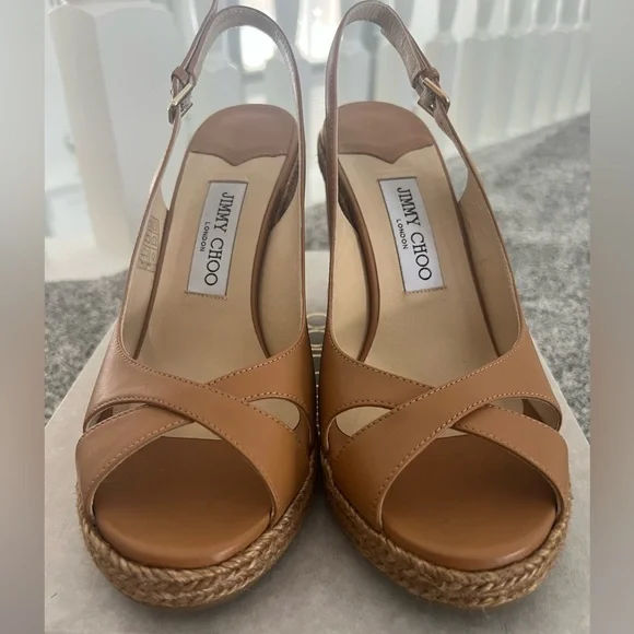 Jimmy Choo Carmel Brown Leather Wedge Sandals - Picture 5 of 13